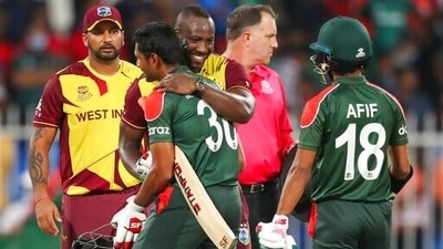 Bangladesh's captain Mohammad Mahmudullah is embraced by West Indies' Dwayne Bravo following their Cricket Twenty20 World Cup match in Sharjah, UAE, Friday, Oct. 29, 2021. (AP) Bangladesh's captain Mohammad Mahmudullah is embraced by West Indies' Dwayne Bravo following their Cricket Twenty20 World Cup match in Sharjah, UAE, Friday, Oct. 29, 2021. (AP)