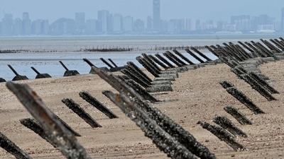 Anti-landing spikes placed along the coast of Taiwan’s Kinmen islands. (AFP) Anti-landing spikes placed along the coast of Taiwan’s Kinmen islands. (AFP)