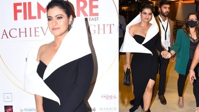 Kajol deckedup in a black and white gown at the Filmfare Achievers Night in Dubai. She later joined Manish Malhotra and Shruti Haasan for some fun. (Varinder Chawla) Kajol deckedup in a black and white gown at the Filmfare Achievers Night in Dubai. She later joined Manish Malhotra and Shruti Haasan for some fun. (Varinder Chawla)
