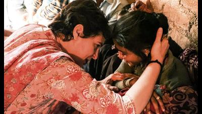 Congress general secretary Priyanka Gandhi Vadra consoles a family member of a deceased farmer, who allegedly died waiting for fertilisers, in Lalitpur on Friday. (ANI Photo) Congress general secretary Priyanka Gandhi Vadra consoles a family member of a deceased farmer, who allegedly died waiting for fertilisers, in Lalitpur on Friday. (ANI Photo)