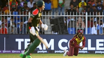 Chris Gayle, 42, took a sharp catch to dismiss Soumya Sarkar. (Getty) Chris Gayle, 42, took a sharp catch to dismiss Soumya Sarkar. (Getty)