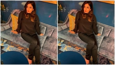 Raveena chose an all-black ensemble for a late night party in LA. (Instagram/@officialraveenatandon) Raveena chose an all-black ensemble for a late night party in LA. (Instagram/@officialraveenatandon)