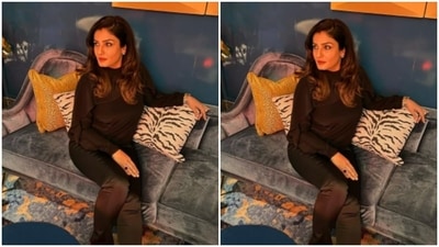 In an indoor setup, Raveena posed on the couch as she looked away from the camera. (Instagram/@officialraveenatandon) In an indoor setup, Raveena posed on the couch as she looked away from the camera. (Instagram/@officialraveenatandon)