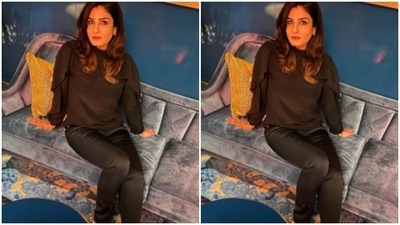 For footwear, the actor opted for classic black stilettos, studded with mini silver mirrors. (Instagram/@officialraveenatandon) For footwear, the actor opted for classic black stilettos, studded with mini silver mirrors. (Instagram/@officialraveenatandon)