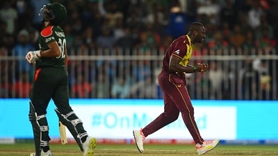 With 13 needed off the last over, Andre Russell bowled a brilliant final over as West Indies edged Bangladesh by 3 runs. (Getty) With 13 needed off the last over, Andre Russell bowled a brilliant final over as West Indies edged Bangladesh by 3 runs. (Getty)