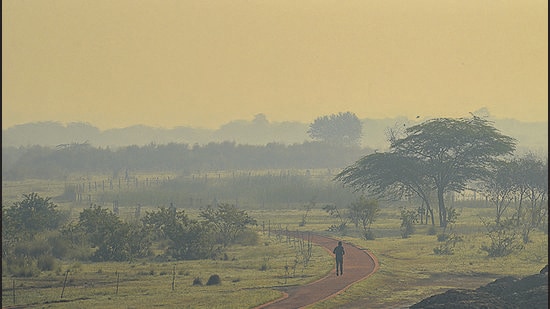 A haze over Mayur Vihar on Friday morning. (Amal KS/HT Photo)