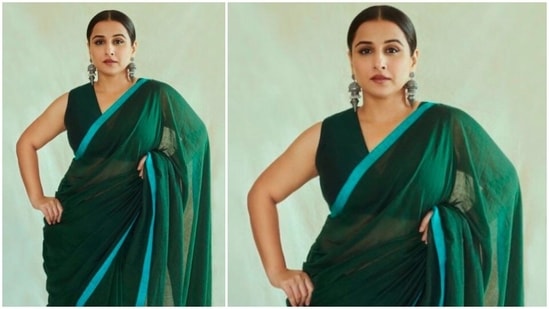 Vidya Balan redefines elegance in this beautiful green handwoven Mul saree.(Instagram/@balanvidya)