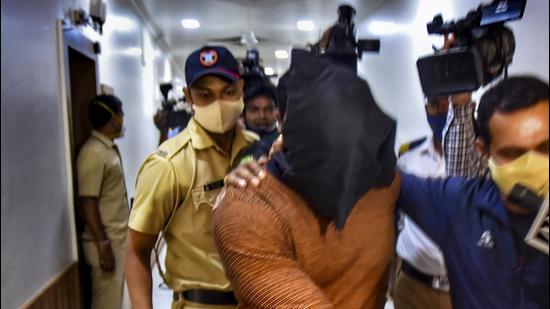 Kiran Gosavi, the NCB witness in the Mumbai drugs-on-cruise case, at the Commissioner of Police office in Pune, Thursday. (PTI)