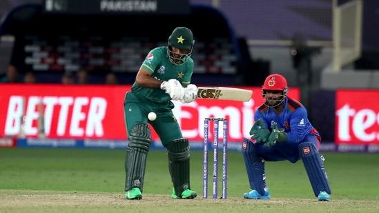 Pakistan's Fakhar Zaman plays a shot during the Cricket Twenty20 World Cup match between Pakistan and Afghanistan in Dubai, UAE, Friday, Oct. 29, 2021. (AP Photo/Aijaz Rahi)(AP)