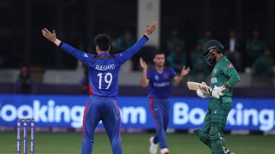 Afghanistan's Rashid Khan, left, celebrates the dismissal of Pakistan's Mohammad Hafeez, right, during the Cricket Twenty20 World Cup match between Pakistan and Afghanistan in Dubai, UAE, Friday, Oct. 29, 2021. (AP Photo/Aijaz Rahi)(AP)
