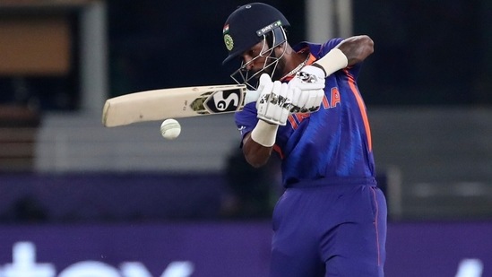 India's Hardik Pandya bats during the Cricket Twenty20 World Cup match between India and Pakistan in Dubai, UAE, Sunday, Oct. 24, 2021.(AP)