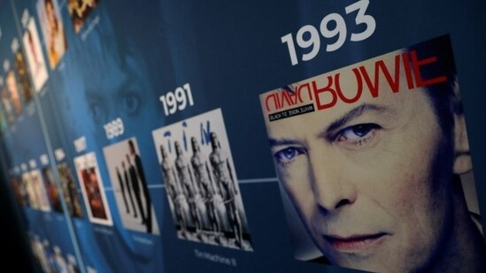 A discography wall of the late rock and roll artist David Bowie's albums is pictured inside "Bowie 75", a new David Bowie interactive pop-up exhibit and shop in Soho neighbourhood of Manhattan, in New York City, New York, U.S.(REUTERS/Mike Segar)