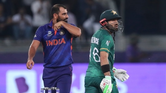 India's Mohammed Shami reacts after Pakistan's Mohammad Rizwan hit consecutive boundaries in his last over of the match during the Cricket Twenty20 World Cup match between India and Pakistan in Dubai(AP)