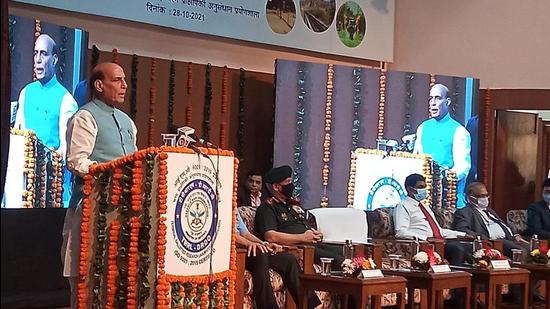 Defence minister Rajnath Singh addressing the staff at the Terminal Ballistic Research Laboratory (TBRL) in Panchkula on Thursday. He was accompanied by chief of defence staff General Bipin Rawat and DRDO chairman G Satheesh Reddy. (Sant Arora/HT)