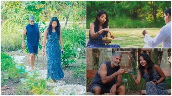 Milind Soman and Ankita Konwar love engaging with mother nature and in their recent retreat, the couple is getting a chance to experience a lot of spiritual activities and healthy herbal diets.(Instagram/@ankitakonwar)