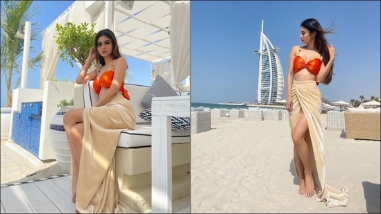 Mouni Roy makes jaws drop in orange bralette, thigh slit beige skirt at Dubai (Instagram/imouniroy)