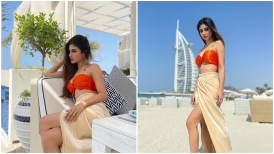 Mouni Roy keeps setting higher goals of fashion – be it during her fashion photoshoots, or her vacations. The actor recently took off to Dubai and since then she has been sharing a slew of pictures of herself posing against the backdrop of Dubai. When in Dubai, dress like Mouni Roy.(Instagram/@imouniroy)