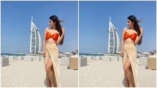 Mouni, with her head in the sky and her feet on the sand, posed for pretty pictures in Dubai.(Instagram/@imouniroy)