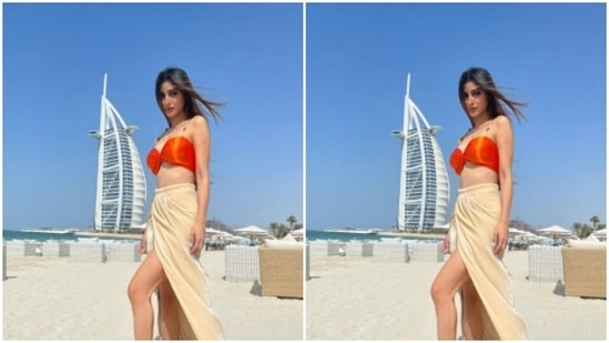 Against the backdrop of Dubai, Mouni chose a stunning ensemble from the designer house Rag doll’s wardrobe.(Instagram/@imouniroy)