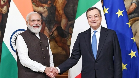Prime Minister Narendra Modi meets Italian Prime Minister Mario Draghi at Palazzo Chigi in Rome on Friday. (ANI Photo)(ANI)
