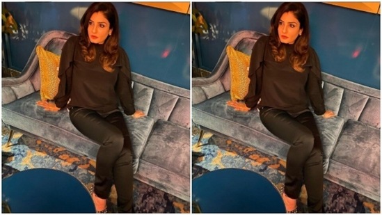 Raveena chose an all-black ensemble for a late night party in LA.(Instagram/@officialraveenatandon)