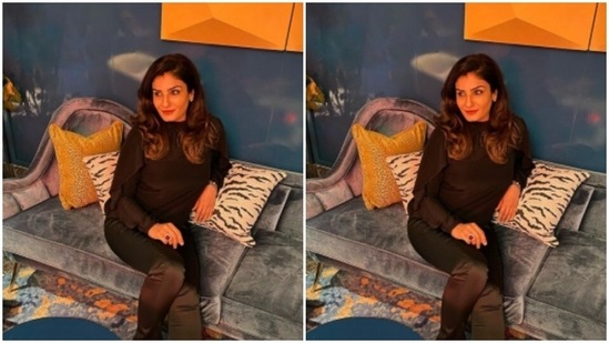 Raveena teamed a satin black top with a pair of silk black trousers.(Instagram/@officialraveenatandon)