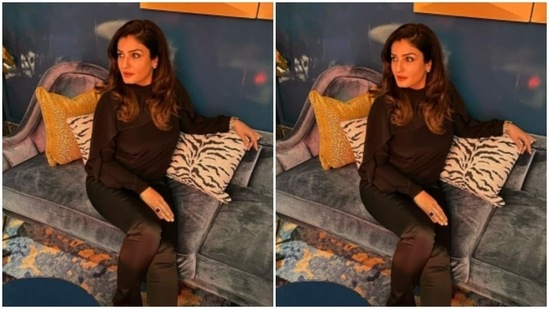 In an indoor setup, Raveena posed on the couch as she looked away from the camera.(Instagram/@officialraveenatandon)