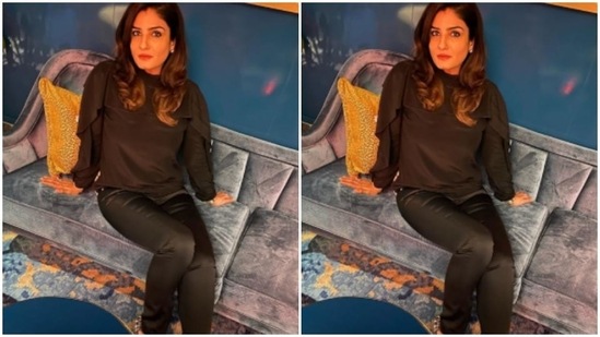 For footwear, the actor opted for classic black stilettos, studded with mini silver mirrors.(Instagram/@officialraveenatandon)