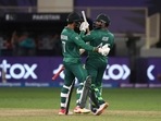 Pakistan's Asif Ali, right, celebrates with batting partner Shadab Khan after their win in the Cricket Twenty20 World Cup match between Pakistan and Afghanistan in Dubai, UAE, Friday, Oct. 29, 2021. Pakistan's Asif Ali, right, celebrates with batting partner Shadab Khan after their win in the Cricket Twenty20 World Cup match between Pakistan and Afghanistan in Dubai, UAE, Friday, Oct. 29, 2021. 