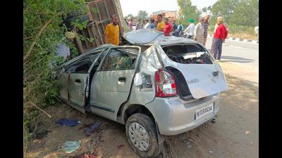 The car that collided with a tractor-trailer from the rear near Khurana village on the Sangrur-Patiala road on Saturday morning.