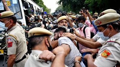 Police personnel detain SDPI Supporters during a protest against Tripura government over various demands near Tripura Bhawan, in New Delhi. (Representational image/ANI) Police personnel detain SDPI Supporters during a protest against Tripura government over various demands near Tripura Bhawan, in New Delhi. (Representational image/ANI)