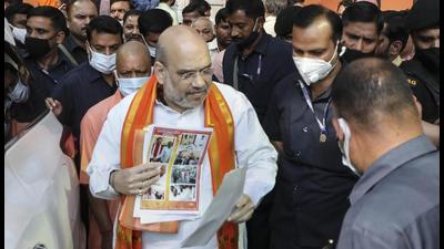 Union home minister Amit Shah at the BJP office in Lucknow. He had stated on Friday that while kar sevaks were killed during SP rule, the dream of a grand Ram temple at Ayodhya was set to be fulfilled under the BJP. (PTI Photo) Union home minister Amit Shah at the BJP office in Lucknow. He had stated on Friday that while kar sevaks were killed during SP rule, the dream of a grand Ram temple at Ayodhya was set to be fulfilled under the BJP. (PTI Photo)