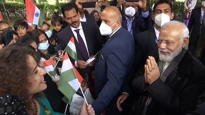 Prime Minister Narendra Modi interacts with the Indian community at Piazza Gandhi, in Rome on Friday. (ANI Photo) (ANI) Prime Minister Narendra Modi interacts with the Indian community at Piazza Gandhi, in Rome on Friday. (ANI Photo) (ANI)