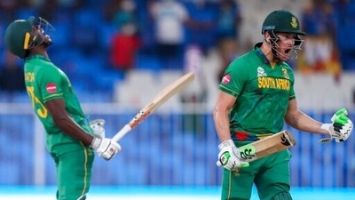 South Africa's David Miller, right, celebrates with teammate Kagiso Rabada after defeating Sri Lanka in their Cricket Twenty20 World Cup match in Sharjah, UAE, Saturday, Oct. 30, 2021. (AP) South Africa's David Miller, right, celebrates with teammate Kagiso Rabada after defeating Sri Lanka in their Cricket Twenty20 World Cup match in Sharjah, UAE, Saturday, Oct. 30, 2021. (AP)