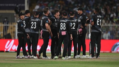 New Zealand's cricketers celebrate the dismissal of Pakistan's Fakhar Zaman during the Cricket Twenty20 World Cup match between New Zealand and Pakistan in Sharjah, UAE, Tuesday, Oct. 26, 2021. (AP) New Zealand's cricketers celebrate the dismissal of Pakistan's Fakhar Zaman during the Cricket Twenty20 World Cup match between New Zealand and Pakistan in Sharjah, UAE, Tuesday, Oct. 26, 2021. (AP)