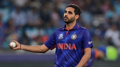 India's Bhuvneshwar Kumar reacts before bowling his next delivery during the Cricket Twenty20 World Cup match between India and Pakistan in Dubai, UAE, Sunday, Oct. 24, 2021. (AP Photo/Aijaz Rahi) (AP) India's Bhuvneshwar Kumar reacts before bowling his next delivery during the Cricket Twenty20 World Cup match between India and Pakistan in Dubai, UAE, Sunday, Oct. 24, 2021. (AP Photo/Aijaz Rahi) (AP)