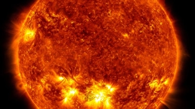 An X1.0 class solar flare flashes in centre of the Sun.&nbsp; (Nasa Photo)