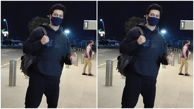 All masked up, Vicky posed for the cameras. (HT Photos/Varinder Chawla) All masked up, Vicky posed for the cameras. (HT Photos/Varinder Chawla)