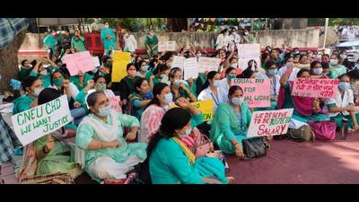 NHM workers protesting in Chandigarh against revised working conditions. (HT File)