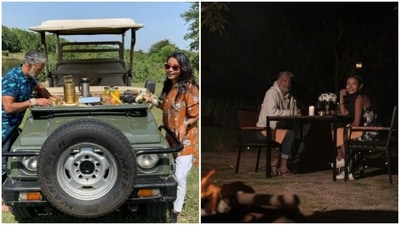 Milind Soman and wife Ankita Konwar are undergoing a wellness slow retreat in the middle of nature. From going on safaris on a gypsy to having a dinner date right in the middle of the forest, Ankita and Milind are letting the freshness of nature and wildlife detox their mind. (Instagram/@ankita_earthy) Milind Soman and wife Ankita Konwar are undergoing a wellness slow retreat in the middle of nature. From going on safaris on a gypsy to having a dinner date right in the middle of the forest, Ankita and Milind are letting the freshness of nature and wildlife detox their mind. (Instagram/@ankita_earthy)