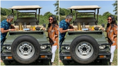 Milind and Ankita made a pitstop to have a sumptuous meal, right in the middle of a forest. (Instagram/@ankita_earthy) Milind and Ankita made a pitstop to have a sumptuous meal, right in the middle of a forest. (Instagram/@ankita_earthy)