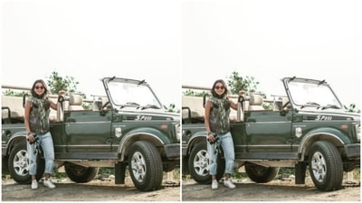 Aptly dressed for a day out with the sun and the forest, Ankita adorned a grey tank top and teamed it with a pair of denims. She accessorised her look with a green checkered scarf. (Instagram/@ankita_earthy) Aptly dressed for a day out with the sun and the forest, Ankita adorned a grey tank top and teamed it with a pair of denims. She accessorised her look with a green checkered scarf. (Instagram/@ankita_earthy)