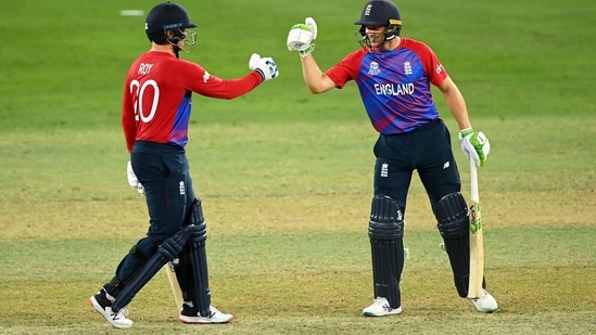 Dubai, Oct 30 (ANI): England's Jason Roy and Jos Butler give a thumping start during the ICC Men's Twenty20 World Cup 2021 cricket match between England and Australia, at Dubai International Cricket Stadium, in Dubai on Saturday. (ANI Photo)(ANI )