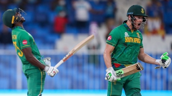 South Africa's David Miller, right, celebrates with teammate Kagiso Rabada after defeating Sri Lanka in their Cricket Twenty20 World Cup match in Sharjah, UAE, Saturday, Oct. 30, 2021. (AP Photo/Kamran Jebreili)(AP)
