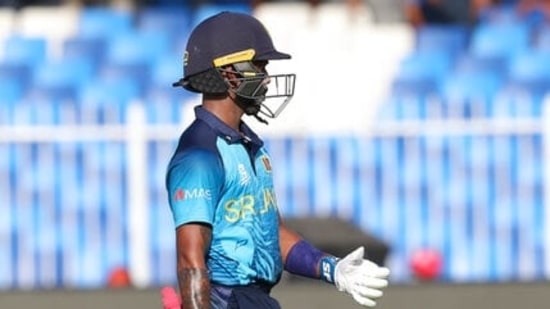 Sri Lanka's Pathum Nissanka walks from the field after he was dismissed during the Cricket Twenty20 World Cup match between South Africa and Sri Lanka in Sharjah, UAE, Saturday, Oct. 30, 2021. (AP Photo/Kamran Jebreili)(AP)