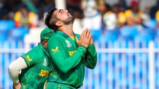 South Africa's Tabraiz Shamsi reacts after taking the wicket of Sri Lanka's Wanindu Hasaranga during the Cricket Twenty20 World Cup match between South Africa and Sri Lanka in Sharjah, UAE, Saturday, Oct. 30, 2021. (AP Photo/Kamran Jebreili)(AP)