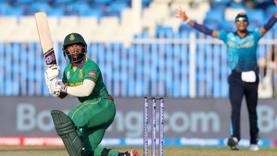 South Africa's Temba Bavuma bats during the Cricket Twenty20 World Cup match between South Africa and Sri Lanka in Sharjah, UAE, Saturday, Oct. 30, 2021. (AP Photo/Kamran Jebreili)(AP)