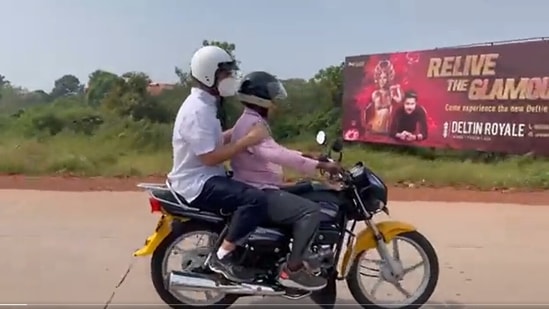 Watch: Rahul Gandhi takes a ride on Goa's 'motorcycle taxi' in Panaji. (Video grab)&nbsp;