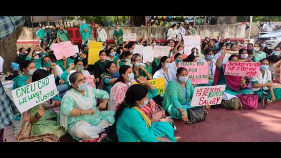 The Chandigarh health department had issued termination letters to 178 contractual NHM employees after they missed their duties on October 27 to protest against the revised working conditions offered against salary hike. (HT file)