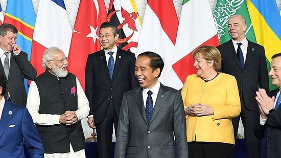 Prime Minister Narendra Modi with several world leaders assemble for 'family photo' at Roma Convention Center, at G20 Summit, in Rom.(ANI )